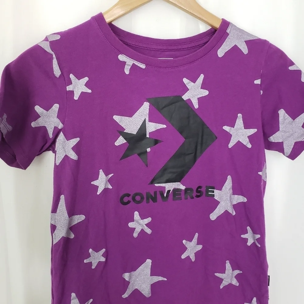 Converse GIRLS purple silver glitter star tee size large